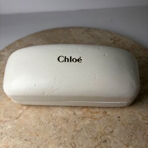 Chloe Hard Eyeglass Case OS Off-White Faux Leather Hinged with Cleaning Cloth